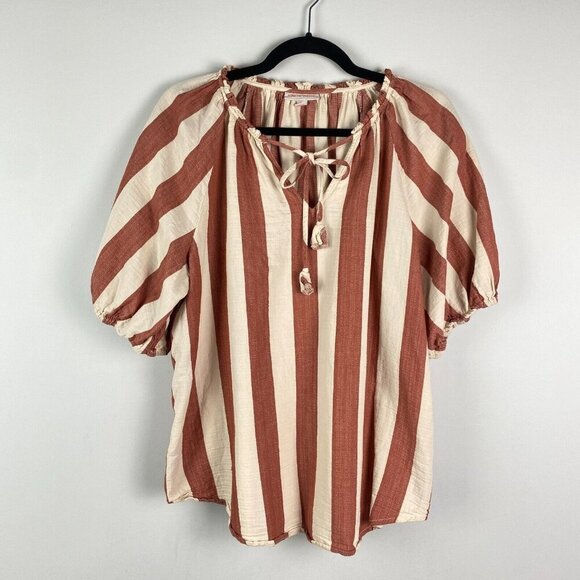 Knox Rose Tops - Knox Rose Top Womens L Striped Puff Sleeve Tie Neck Cream Red Cotton Boho